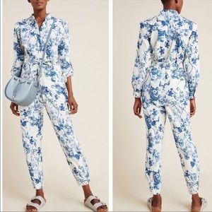 Anthropologie White Blue Floral Lucienne Belted Jumpsuit